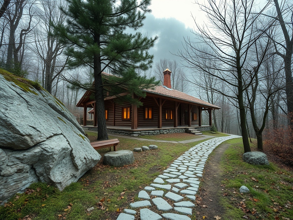 Деревянный дом в лесу, окруженный камнями и деревьями, на фоне туманного неба. Спокойствие природы.
