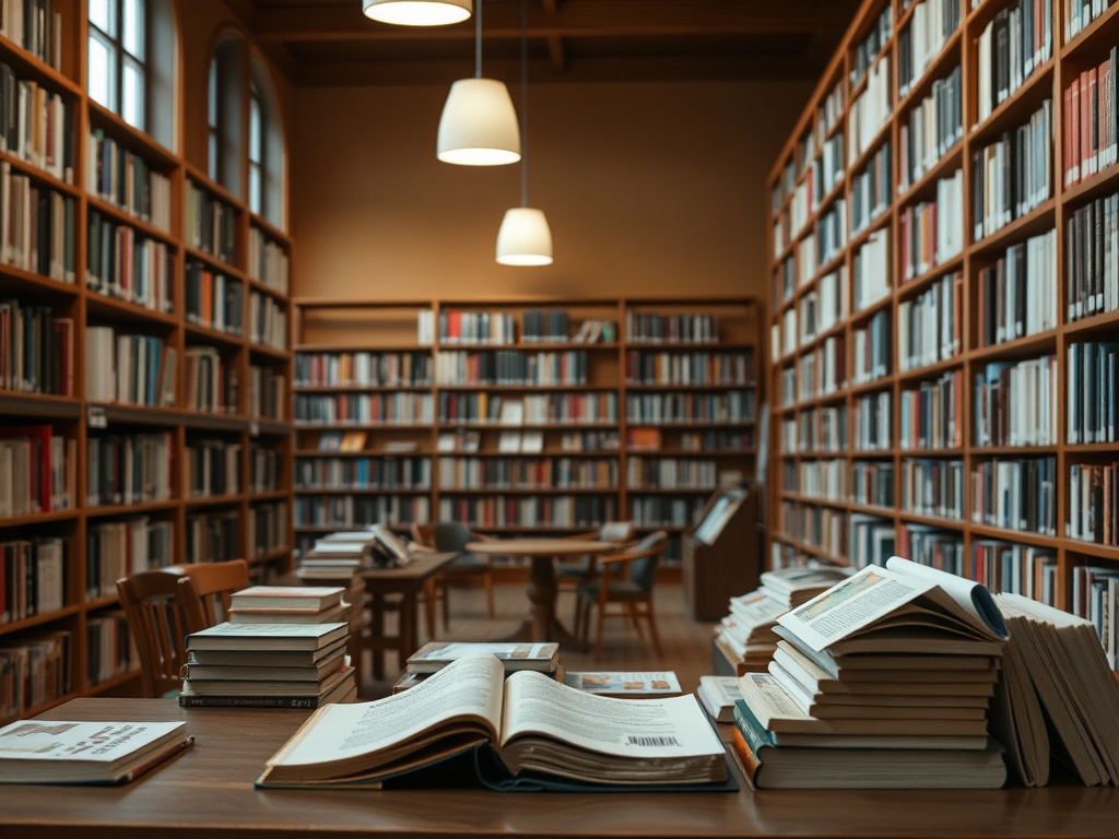 Библиотека с книжными полками, столами и стульями, на столах разбросаны книги. Тёплый уютный свет.