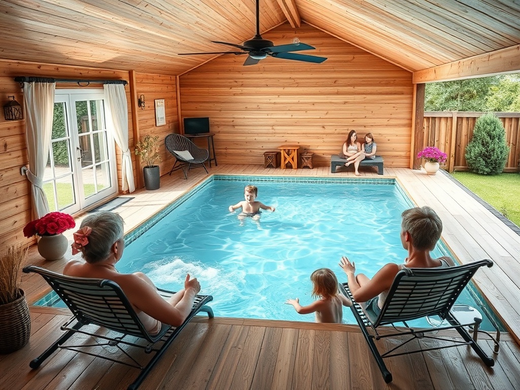 Семья наслаждается временем у бассейна. Дети играют в воде, взрослые отдыхают на шезлонгах.