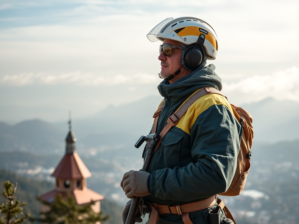 Человек в защитной каске и наушниках смотрит вдаль на горный пейзаж, в фоне виден шпиль здания.