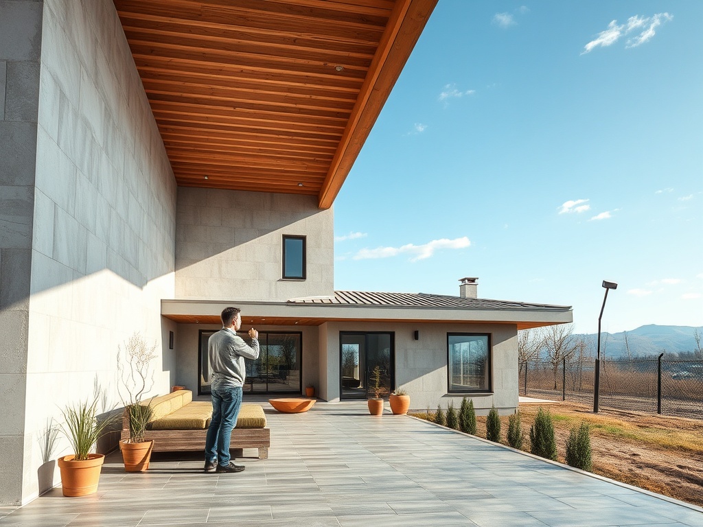 Мужчина фотографирует с террасы современного дома на фоне ясного неба и зелени.