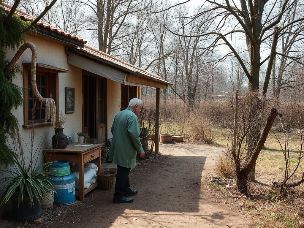 На изображении пожилой человек рядом с домом в спокойной, природной обстановке. Весна, поблизости голые деревья.