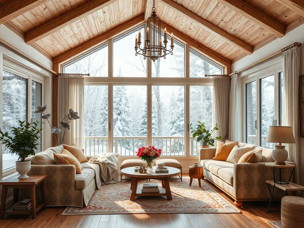 Уютная гостиная с большими окнами, открывающими вид на зимний лес, мягкой мебелью и уютными акцентами.
