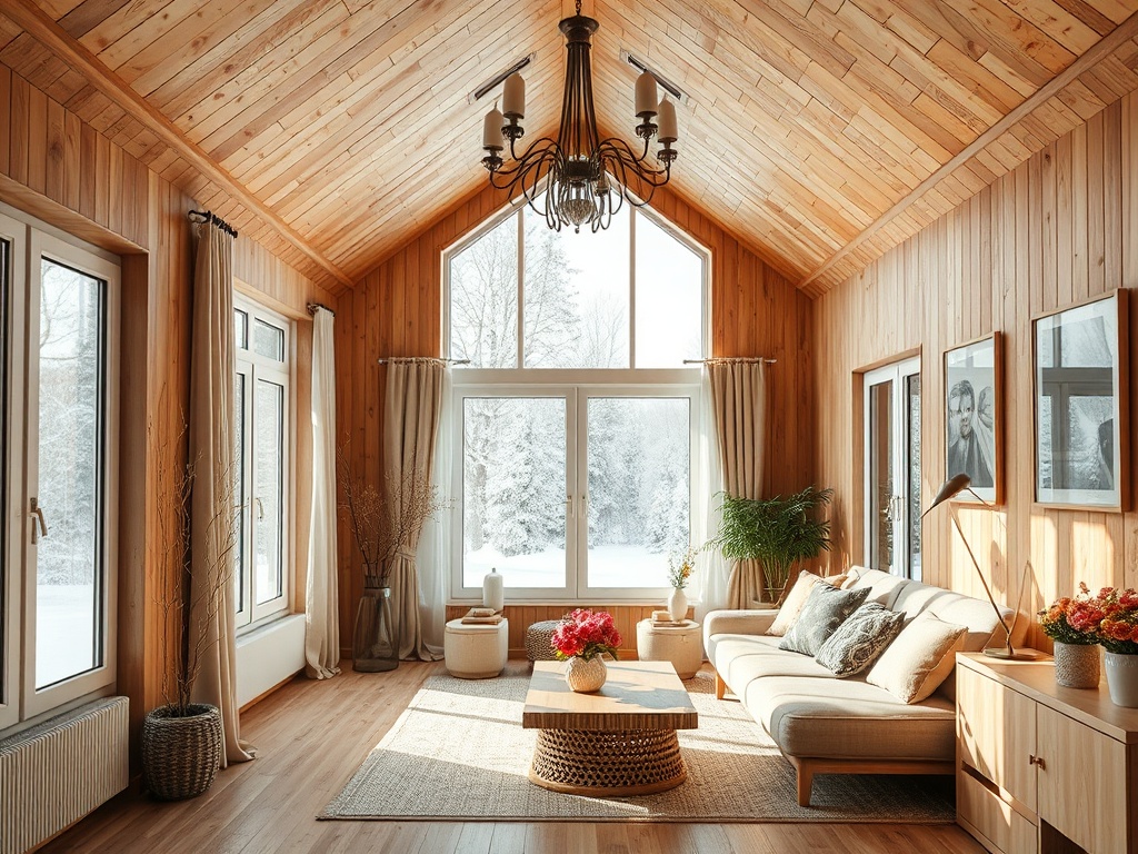 Светлая комната с деревянными стенами, уютная мебель и большие окна, вид на снежный пейзаж за окном.