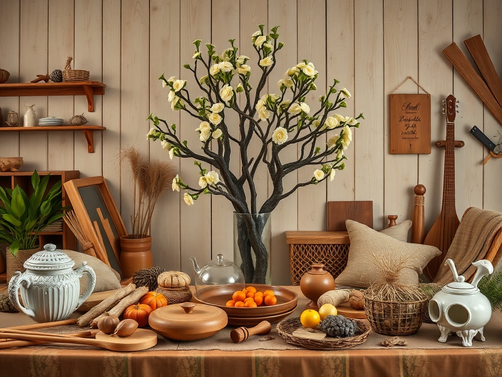 На столе расставлены глиняные изделия, фрукты и декоративное дерево с цветами, окруженные уютными предметами.
