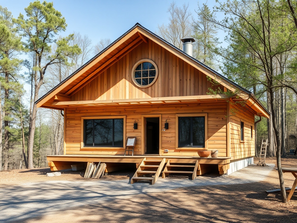 Деревянный дом с красивой крышей, расположенный среди деревьев и природы, с выходом на террасу.