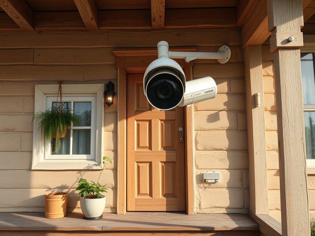 На стене дома висит камера видеонаблюдения рядом с деревянной дверью и окном.