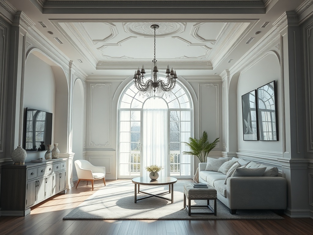 Современный и стильный интерьер гостиной с большими окнами и уютной мебелью. Светлая цветовая гамма.