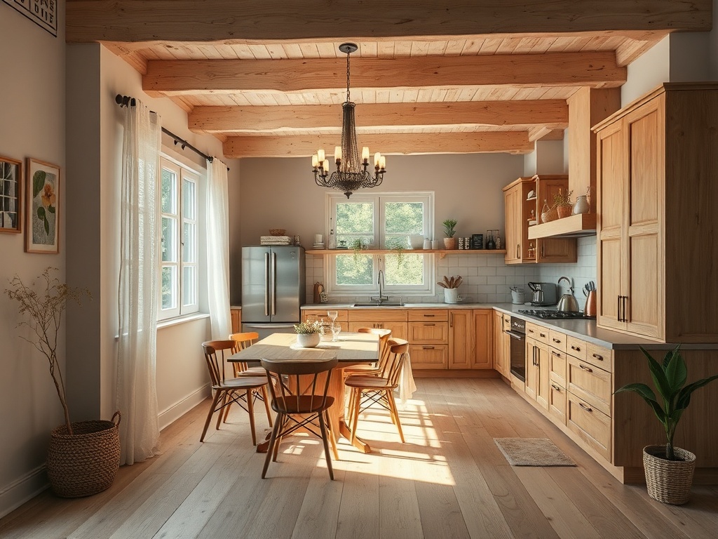 Светлая кухня в деревенском стиле с деревянными мебелью и большими окнами, наполненная солнечным светом.
