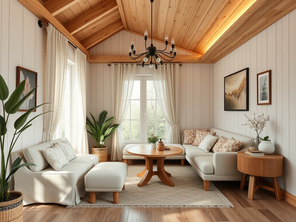 Современный уютный интерьер гостиной с деревянным потолком, мягкой мебелью и зелеными растениями.