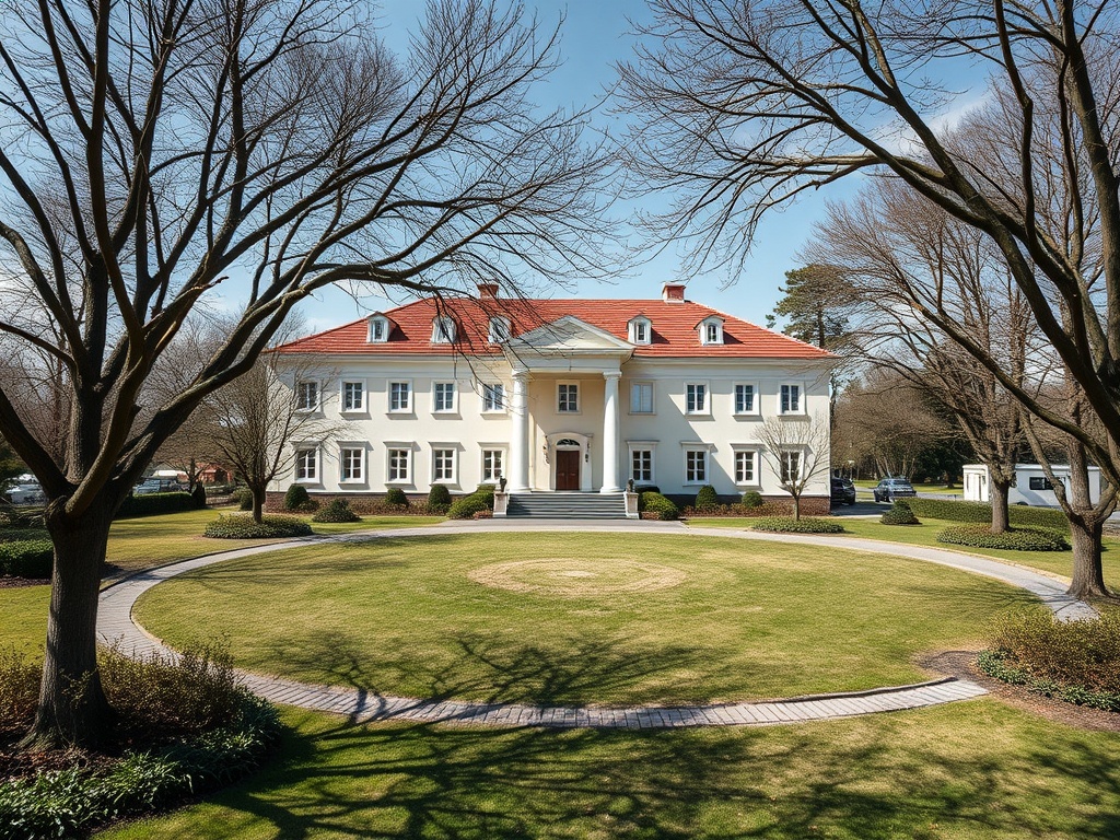 Большой дом в классическом стиле с красной крышей, окружённый ухоженным садом и деревьями.
