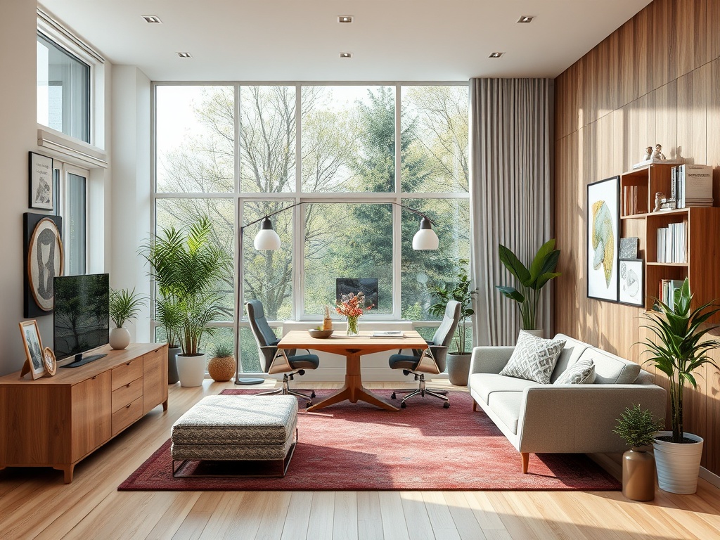 Светлая гостиная с большими окнами, зелеными растениями и современными предметами мебели. Уютная обстановка.