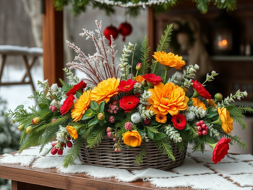 Яркий цветочный букет в корзине на столе с зимним декором и снежным фоном.