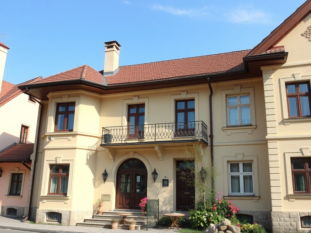 Современный дом с большой террасой и цветами у входа, под ярким голубым небом.