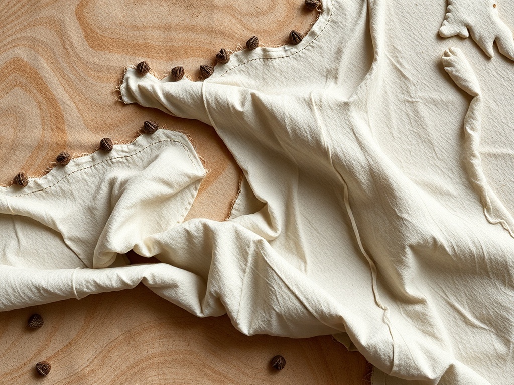 Ткань светлого цвета с рюшами и коричневыми пуговицами на деревянной поверхности.