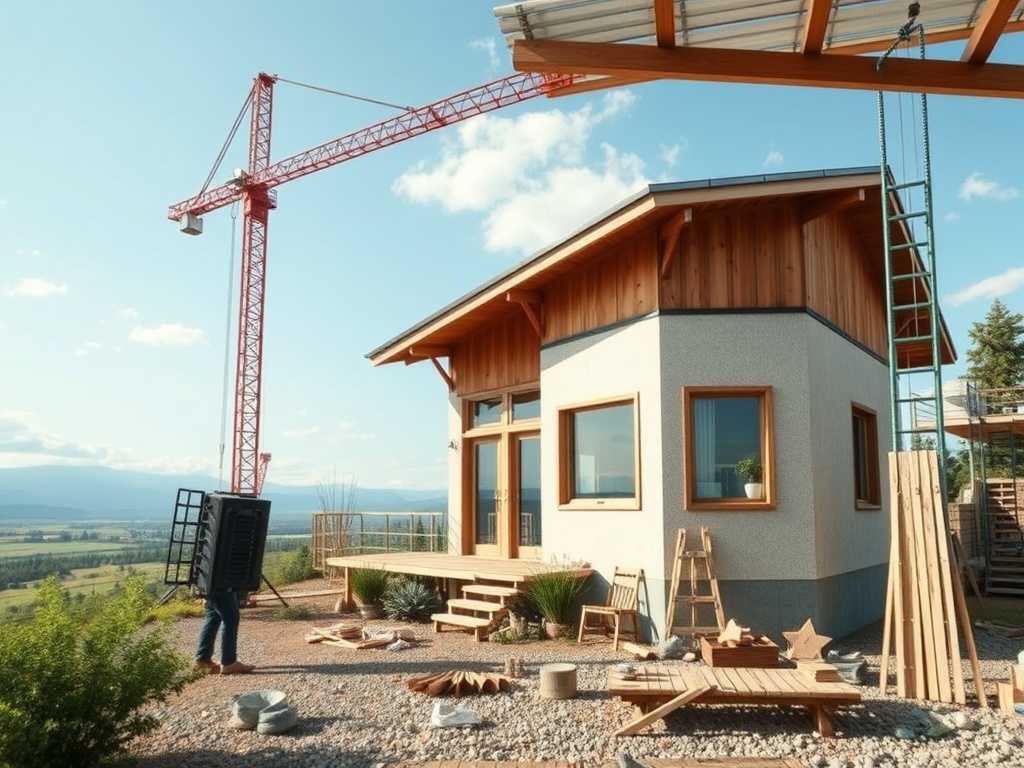 На переднем плане строительный кран, дом с деревянными элементами и стройматериалы на фоне природы.