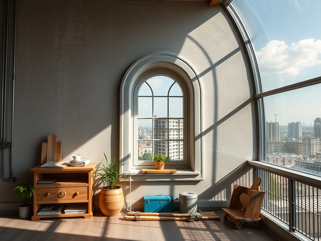 Уютный интерьер с окном, столом и растениями, наполняющий пространство светом и атмосферой спокойствия.