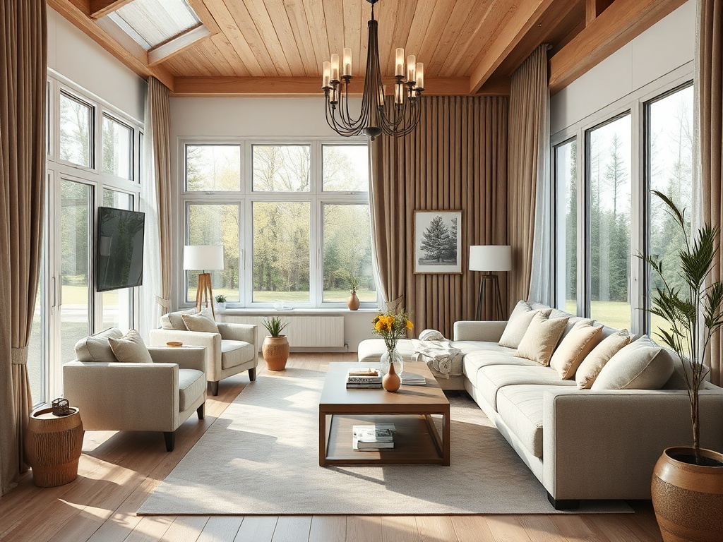 Современная гостиная с большими окнами, уютной мебелью и деревянными потолками, наполненная светом.