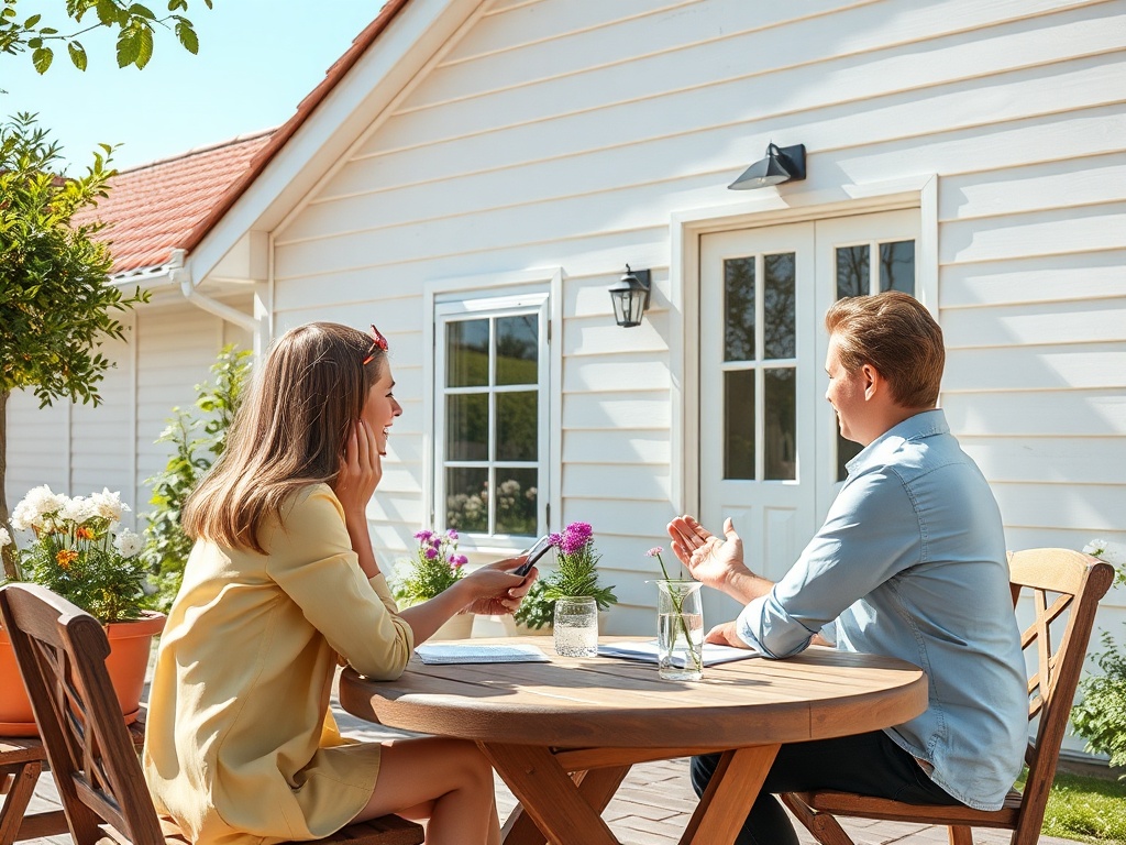 На столе сидят мужчина и женщина, обсуждая дело на фоне загородного дома. Цветы украшают окружение.