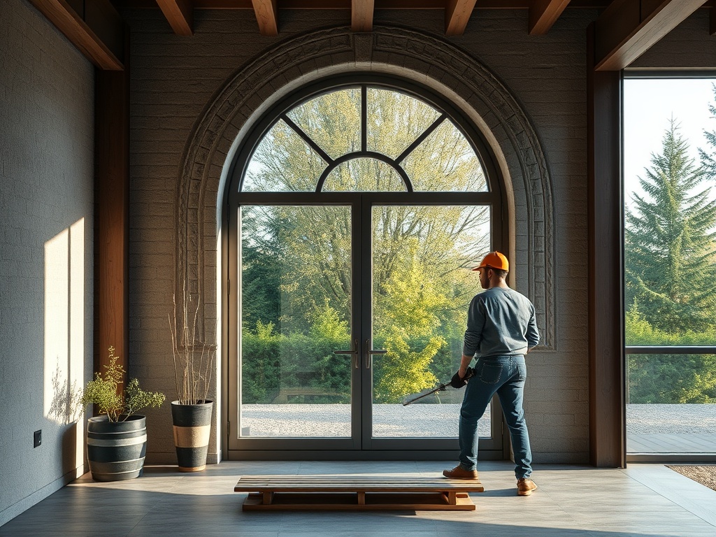 Человек с инструменом стоит у большого окна и смотрит на зелень за пределами дома.