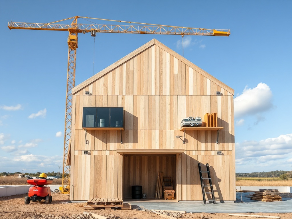 Строящийся деревянный дом с краном, лестницей и игрушечной машинкой на полке. Небо с облаками.