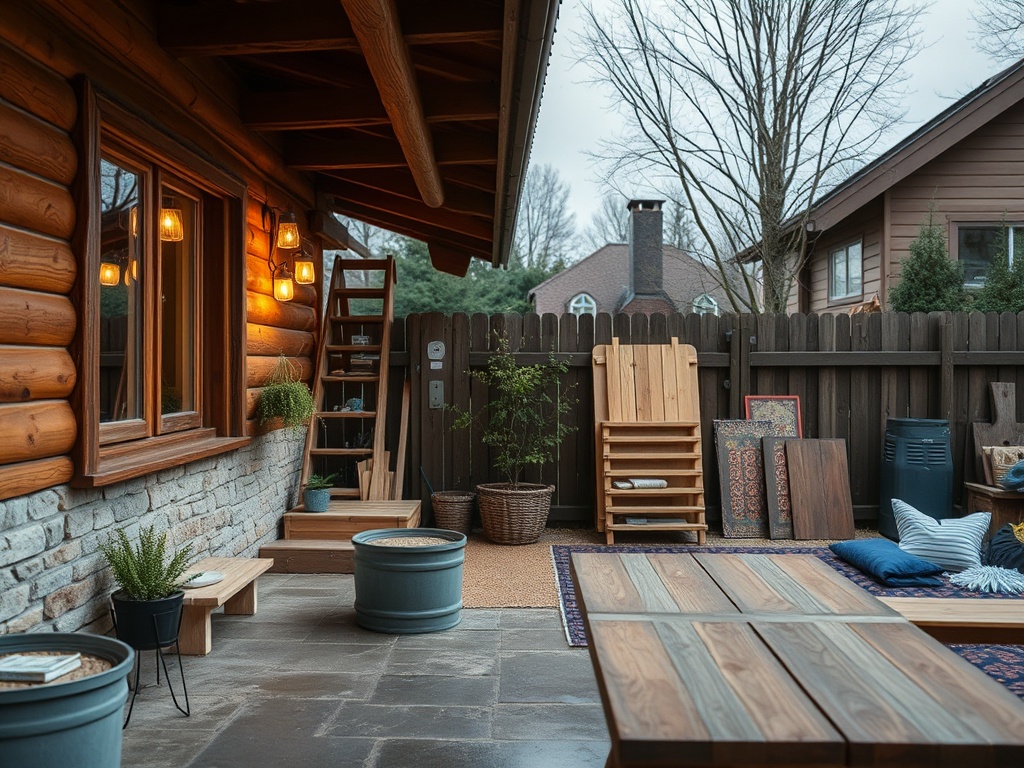 Комфортный задний двор с деревянными мебелями и растениями под светом ламп. Спокойная атмосфера.