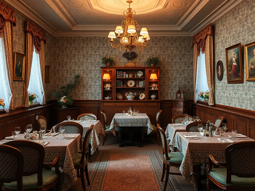 Элегантный ресторан с деревянными панелями, изысканными столами и живыми цветами на окнах.