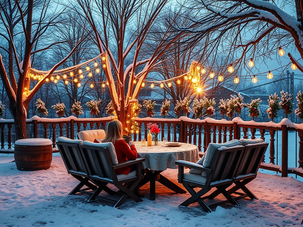 Зимний вечер на террасе с уютным столом, освещённым гирляндами, снежными деревьями и цветами.