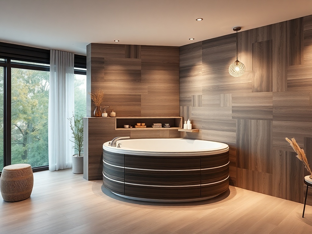 Современная ванная комната с круглой ванной, деревянными стенами и большими окнами, наполненная светом.