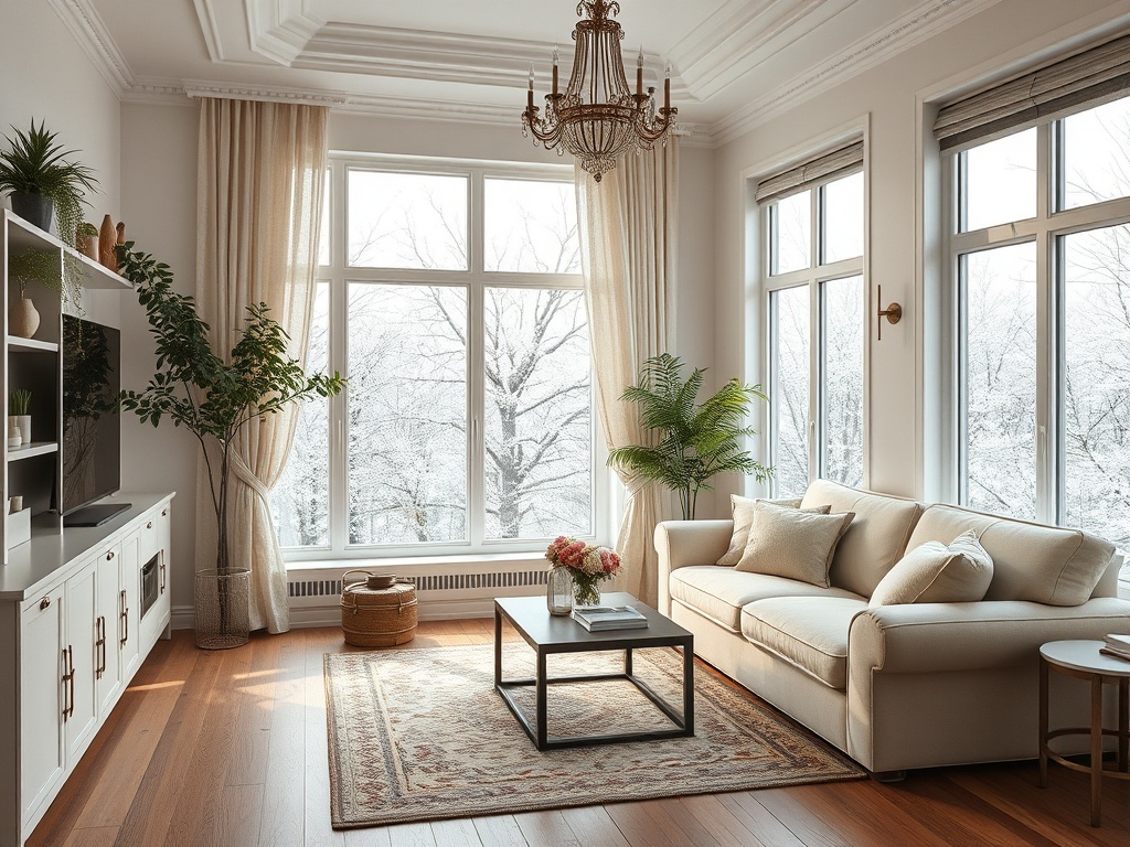 Светлая гостиная с уютным диваном, столиком и окнами, через которые видно снежный пейзаж.