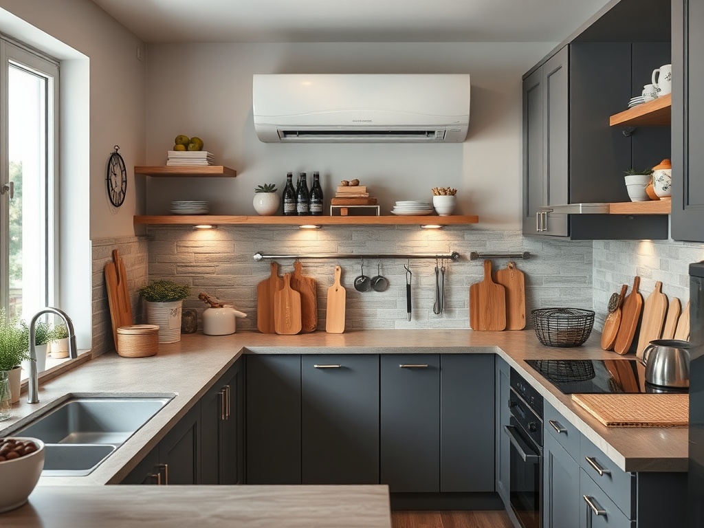 Современная кухня с серыми шкафами, деревянными досками и светлыми стенами, уютная и функциональная.