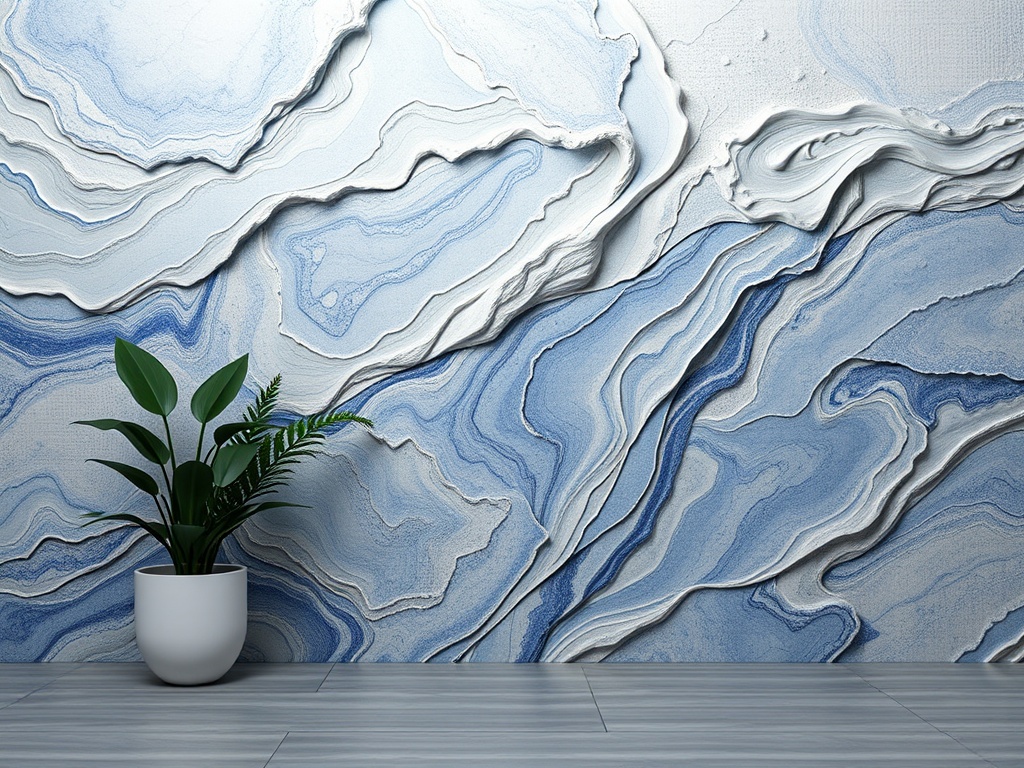 Стена с текстурой в голубых тонах и растением в белом горшке на полированном полу.