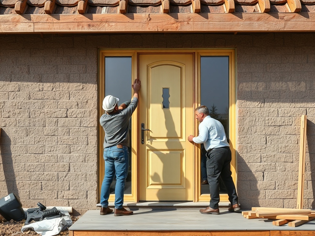 Два человека устанавливают новую дверь на входе в дом с деревянным крыльцом и стенами из блоков.
