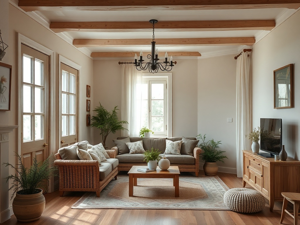 Уютная гостиная с диваном, креслом, столиком и зелеными растениями, оформленная в светлых тонах.