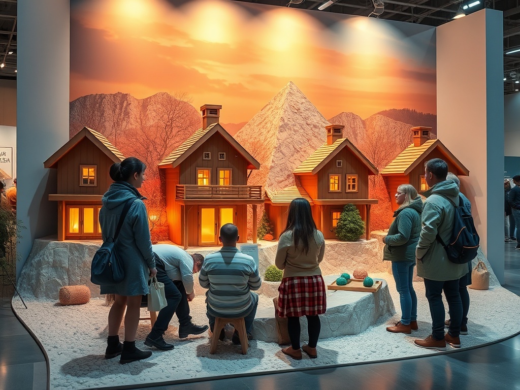 Посетители рассматривают выставку моделей домиков на фоне горного пейзажа и теплого заката.